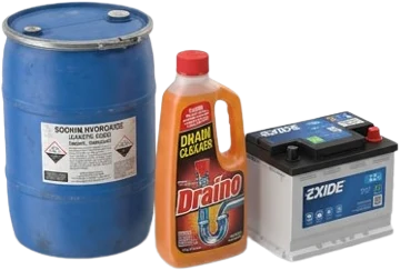 Corrosive materials packaging - acids, caustics, drain cleaner and battery acid packed for transport