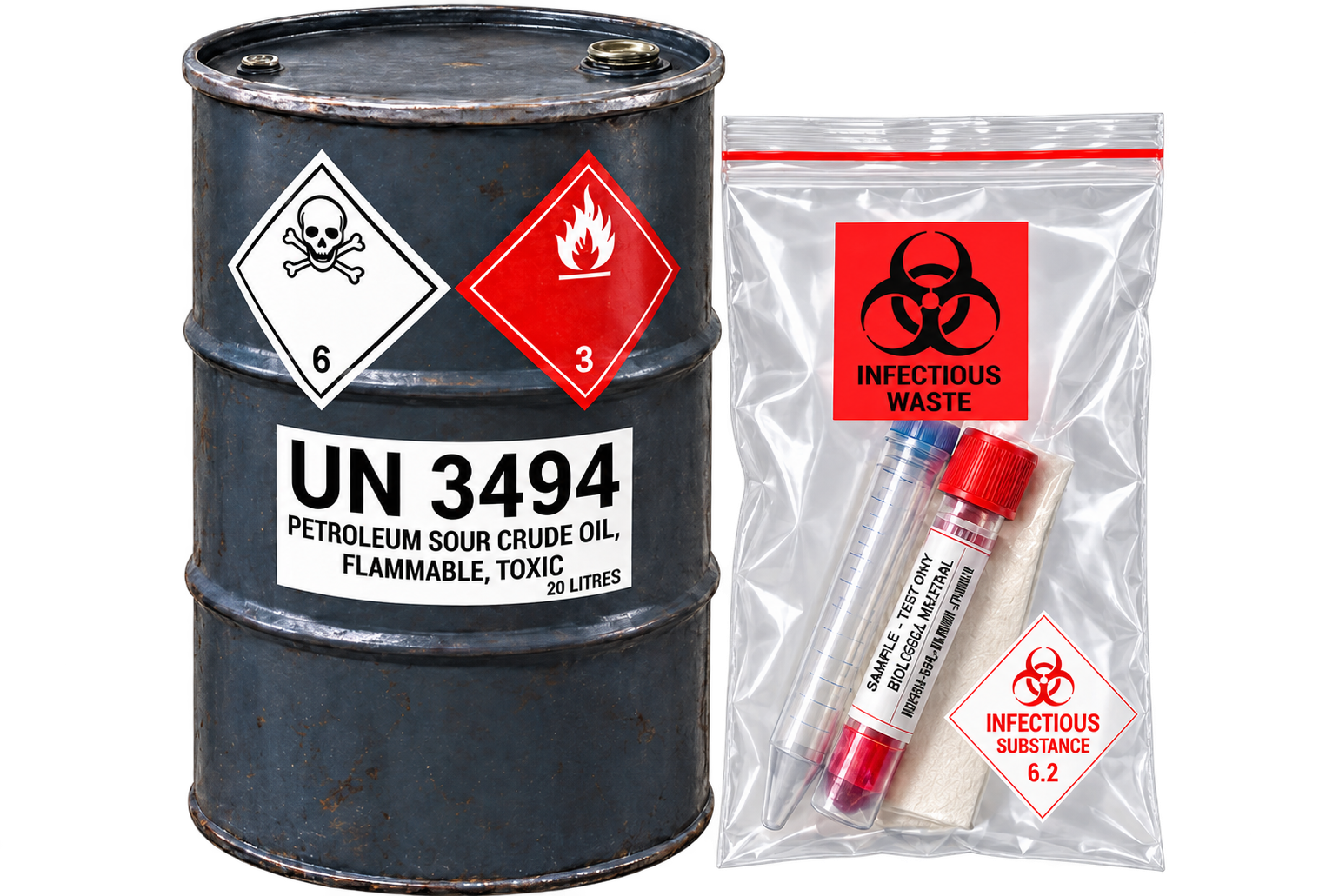 Toxic substance packaging - UN3494 drum and toxic goods prepared for dangerous goods transport